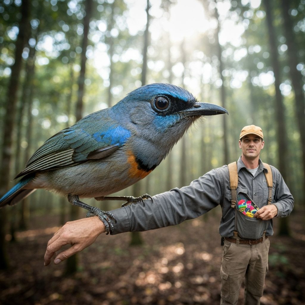 Blue-throated Whisperbird Perched on Worker's Arm at Dawn