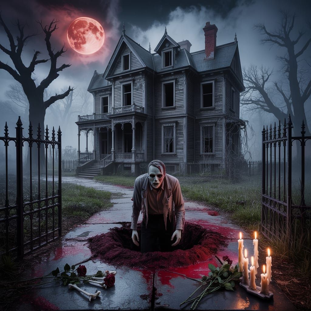 "Create an ultra-realistic 16k resolution image in a dark horror style, depicting a decrepit Victorian mansion at midnig...