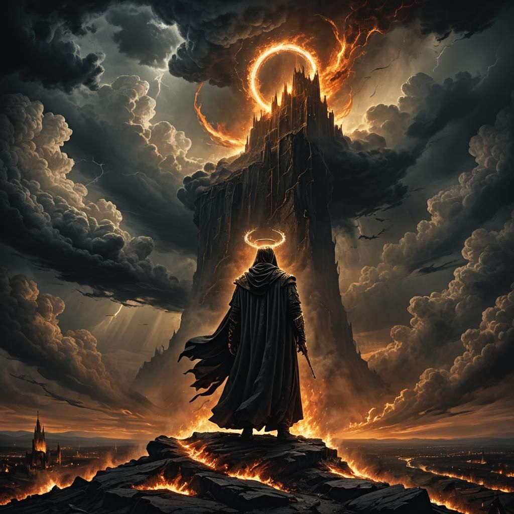 Victorious Prophet Facing Hellish Landscape in Dark Surreali...