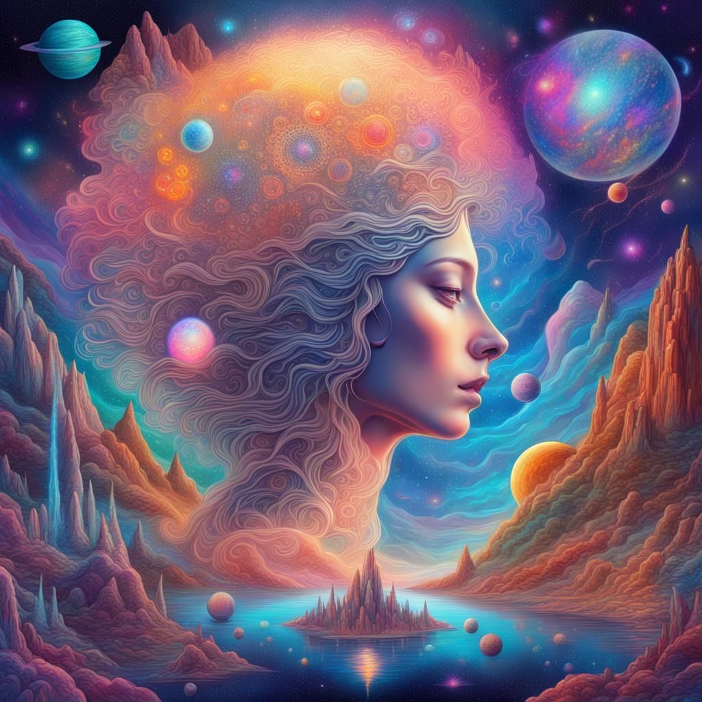 Visionary Dreamland: A Cosmic Mixed Media Illustration