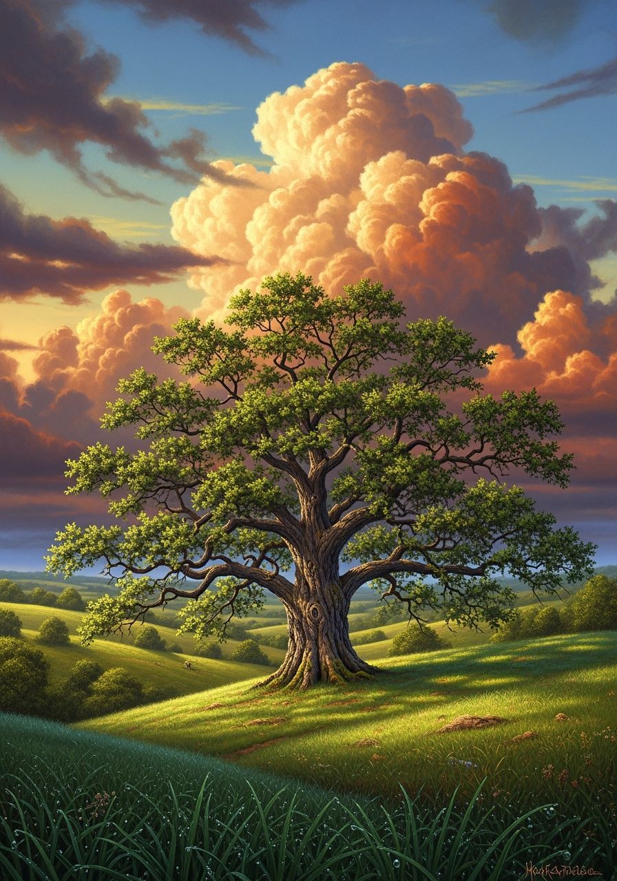Ancient Oak Tree in a Luminous Pastoral Landscape