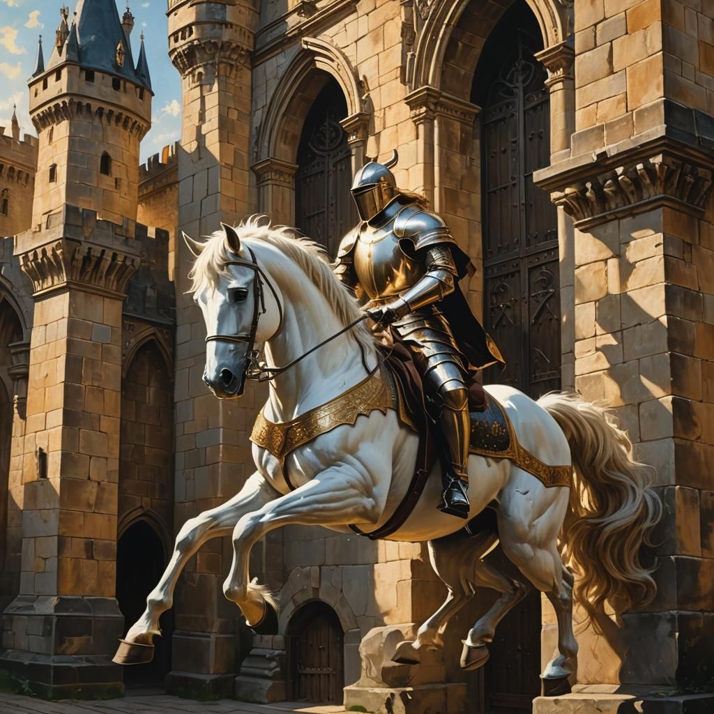 Knight on Stallion: Renaissance Oil Painting with Gargoyles