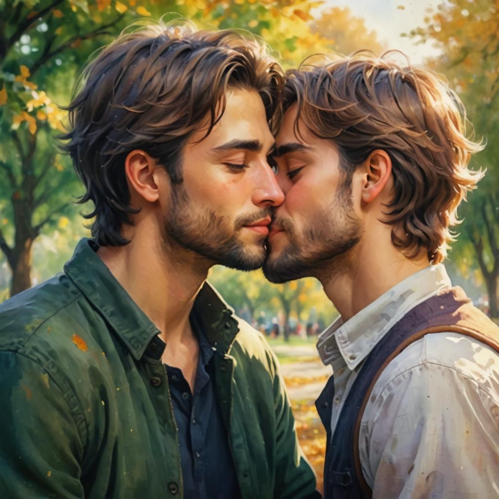 Gay Couple Kissing in Autumn, Impressionist Watercolor