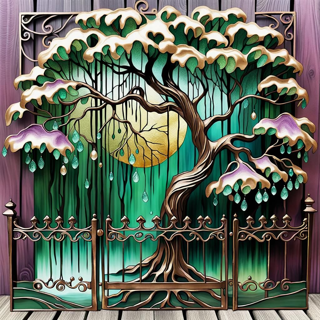 Emerald Weeping Willow Behind Filigree Fence in Oil and Alco...