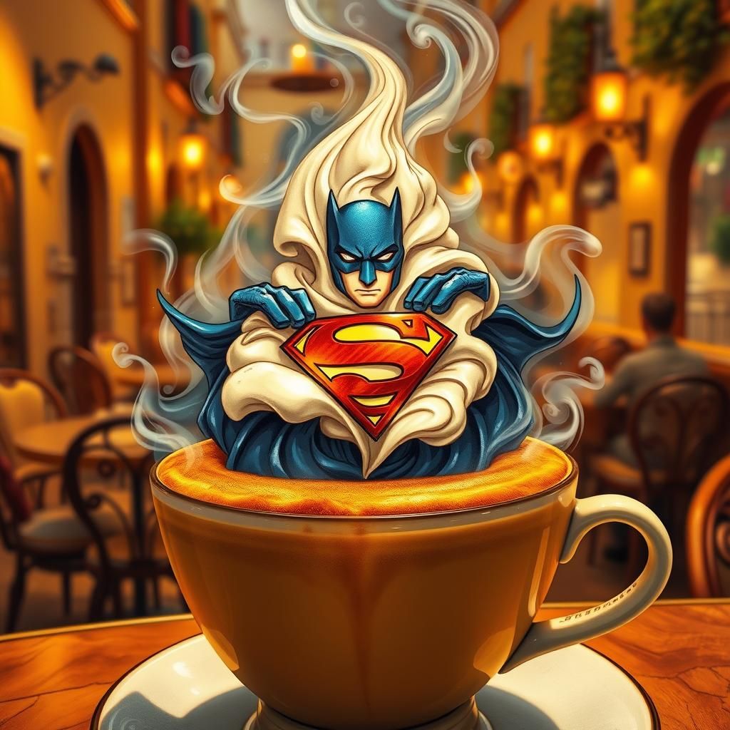 Superhero Latte Art in Vibrant Italian Cafe Style