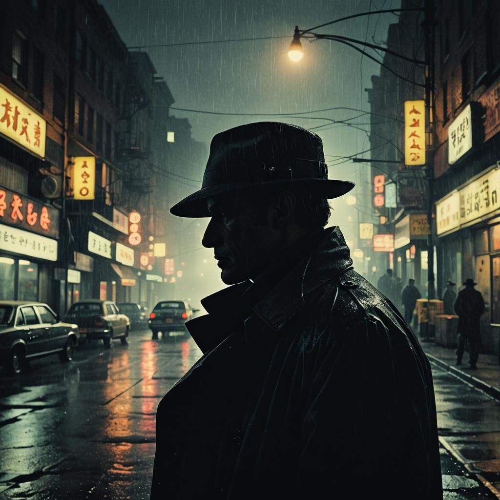 Detective Silhouette in Grimy Neon City: Film Noir