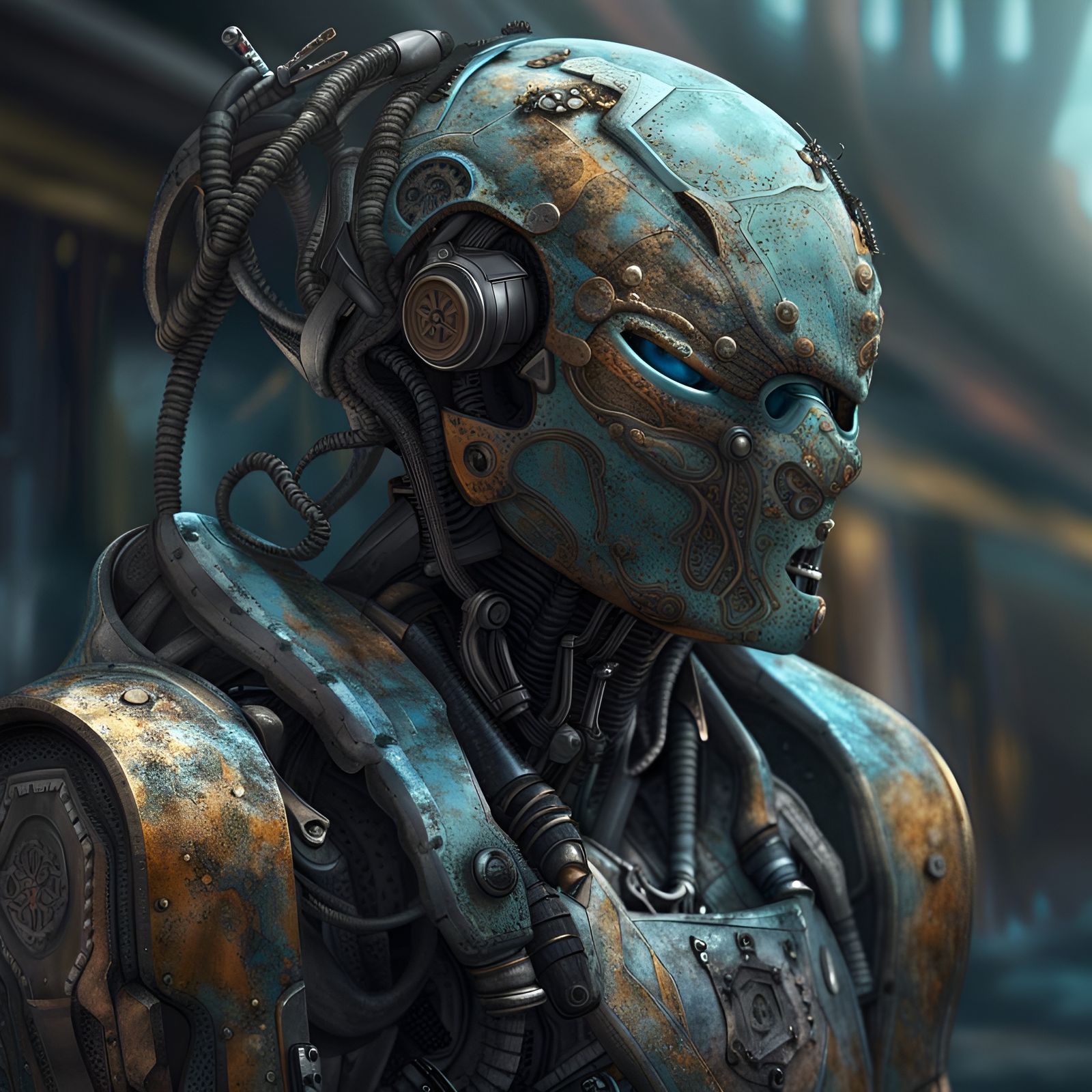 Damaged Robot Soldier in Fantasy Landscape