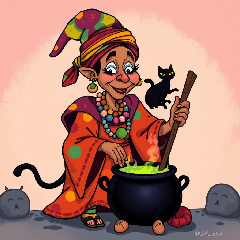 Cartoon Witch and Black Cat Stirring Cauldron