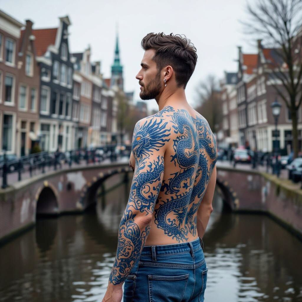 Delft Blue Dragon Tattoo Art in Whimsical Style