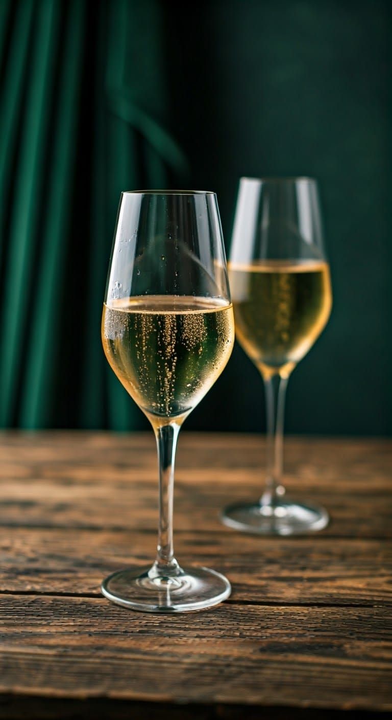 Champagne Glasses on Rustic Table with Velvet Backdrop