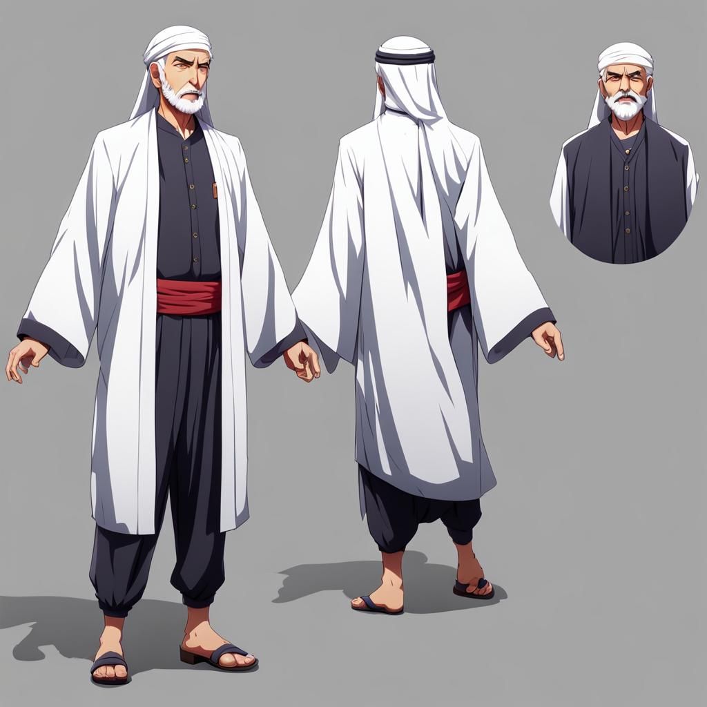 Arab Man in T-Pose: Anime Style Character Sheet