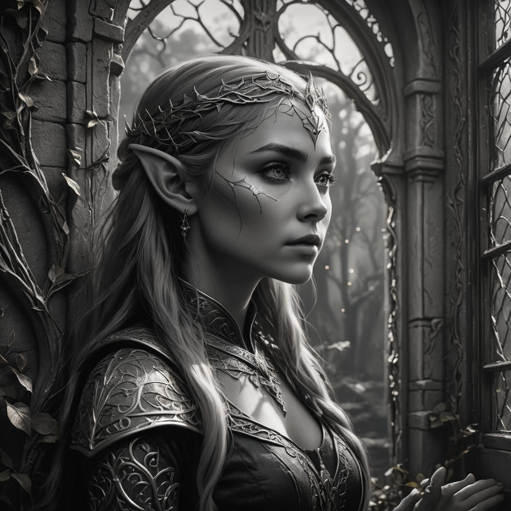 Elven Princess Portrait in Black and White