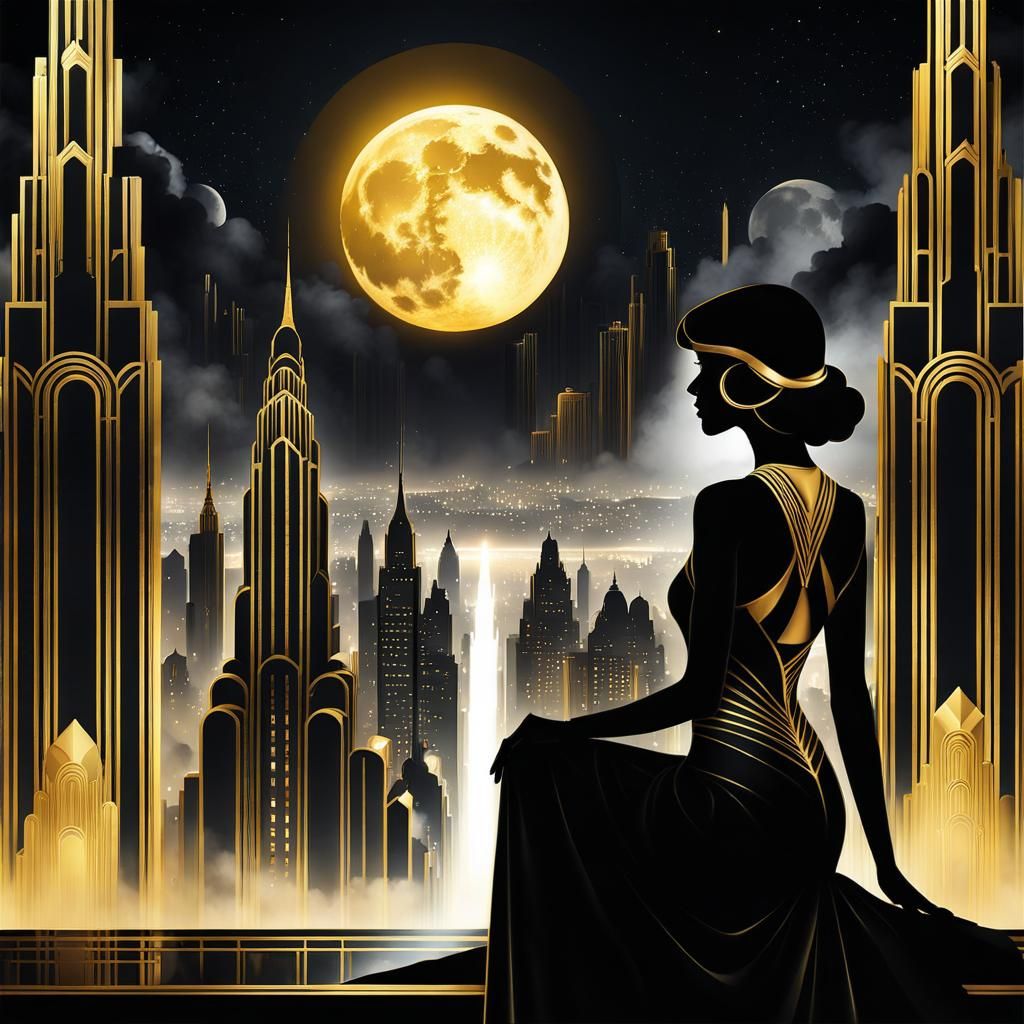 Art Deco Metropolis at Night in Gold and Black