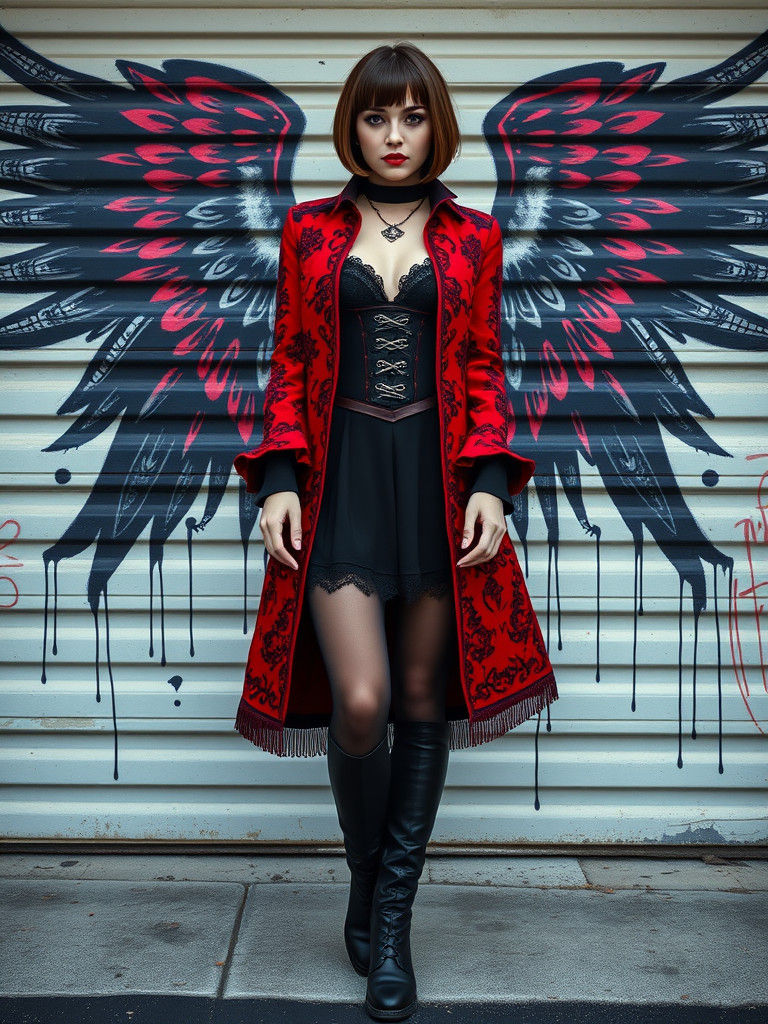 Gothic Woman with Angel Wings in Garage