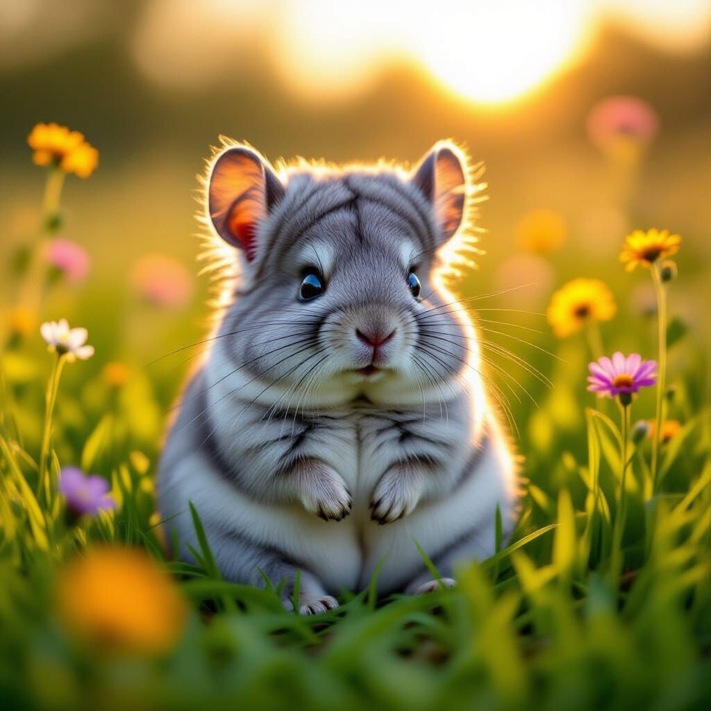 Adorable Chinchilla in Wildflowers at Golden Hour