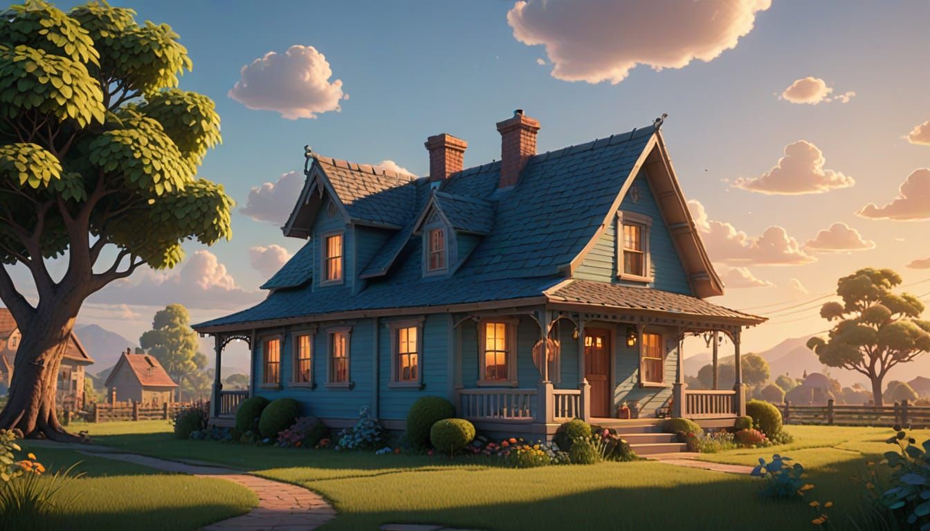Quaint Single-Story Residence in Vibrant Golden Hour Light