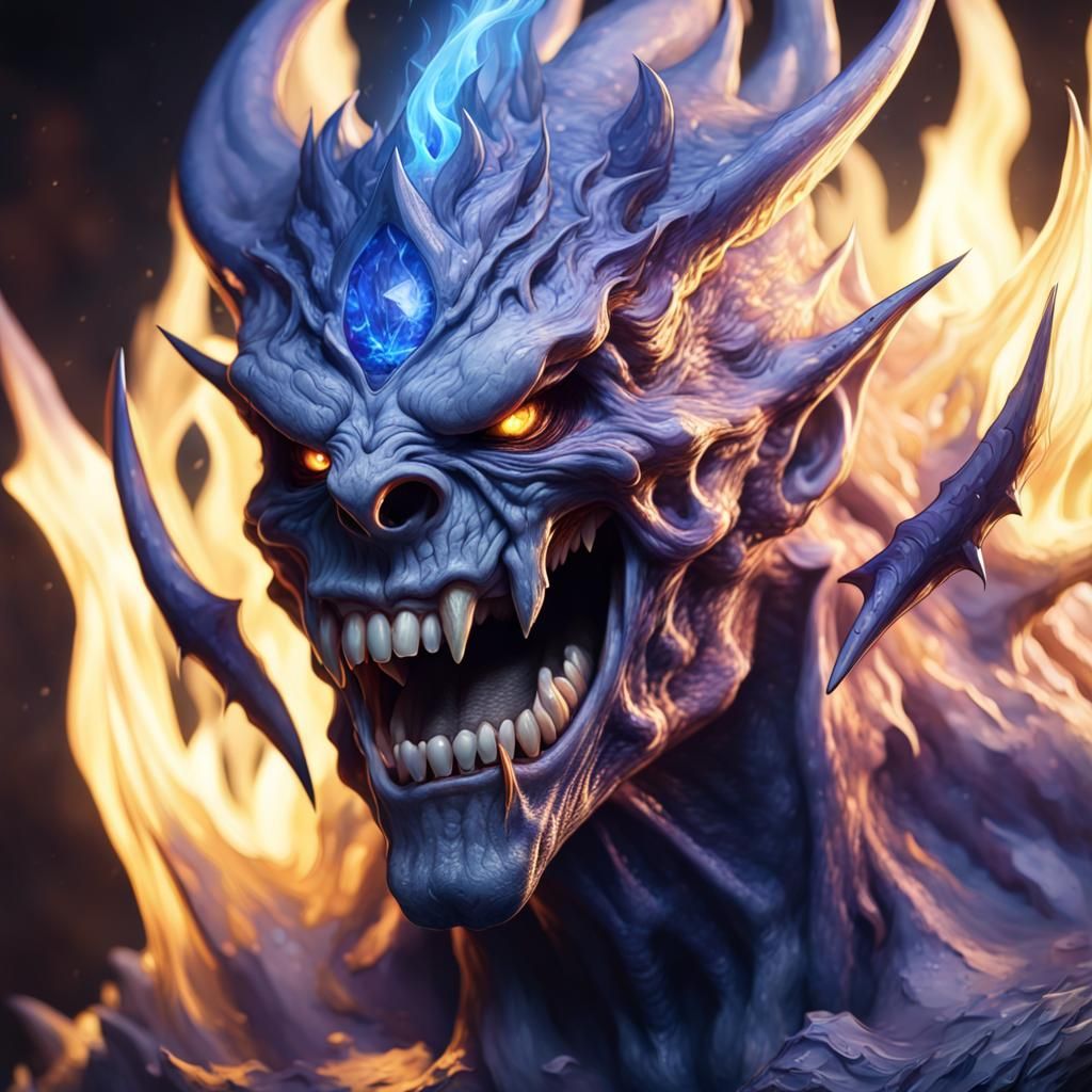 Crystal Demon with Blue Flames: Dark Fantasy Art