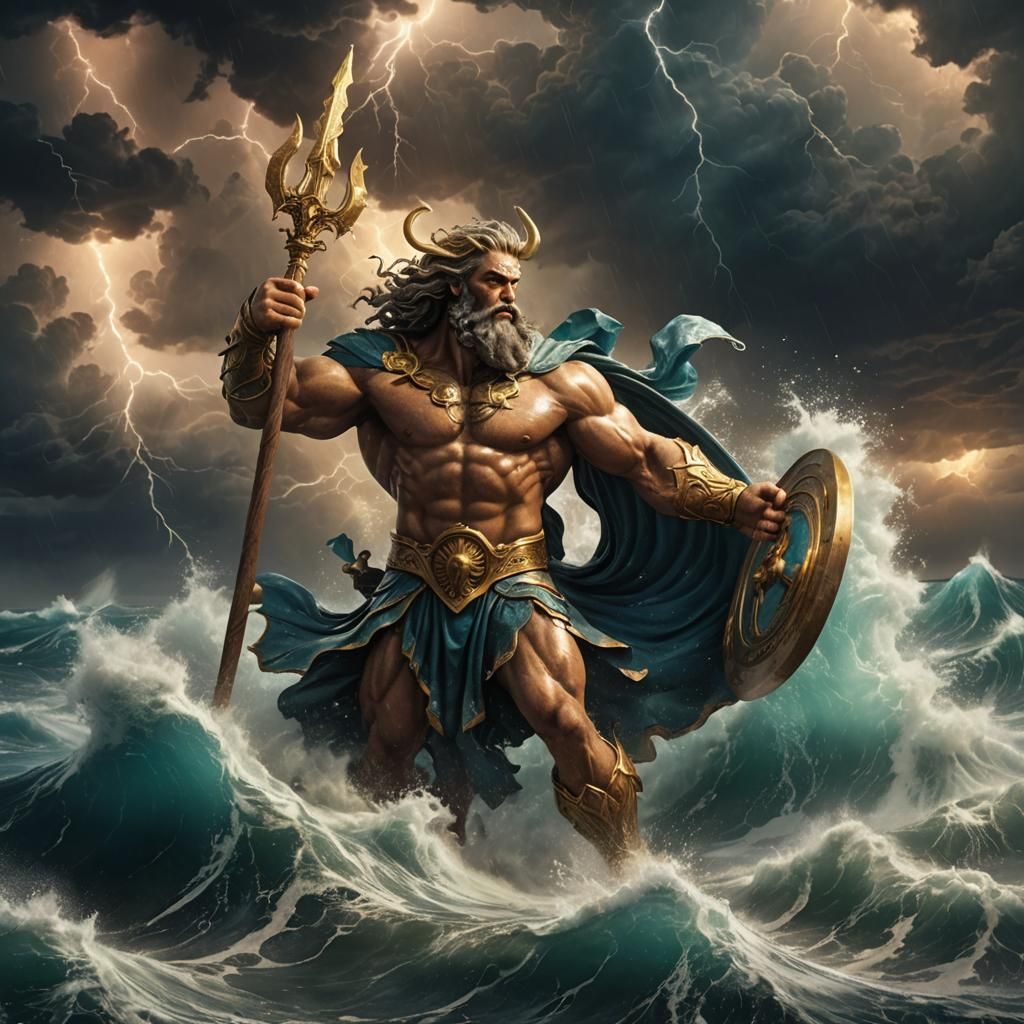 Poseidon Creates a Tempest: Epic Dark Fantasy Art