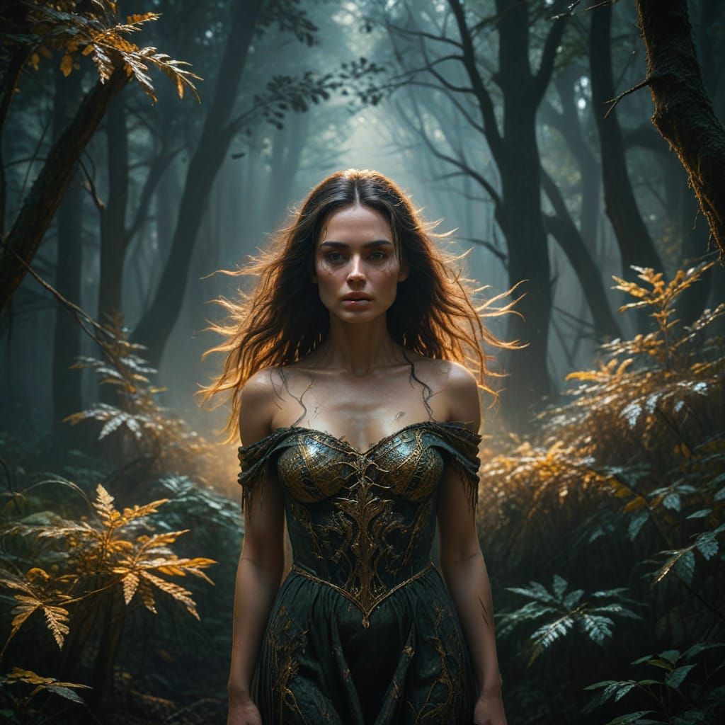 Mysterious Woman in Forest: Dark Fantasy Oil Painting