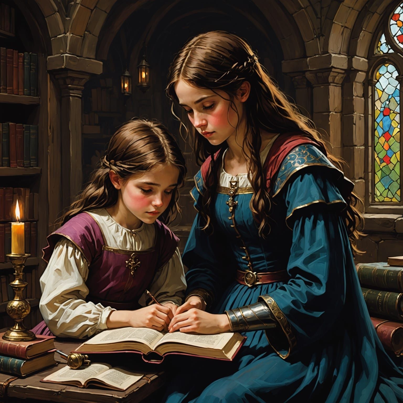 Chiaroscuro Medieval Siblings Reading Book