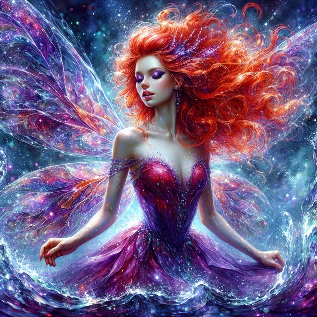 Hyperrealistic Watercolor: Red-Haired Water Fairy in Purple ...