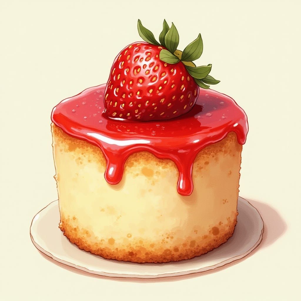 Strawberry Topped Vanilla Cake in Painterly Style