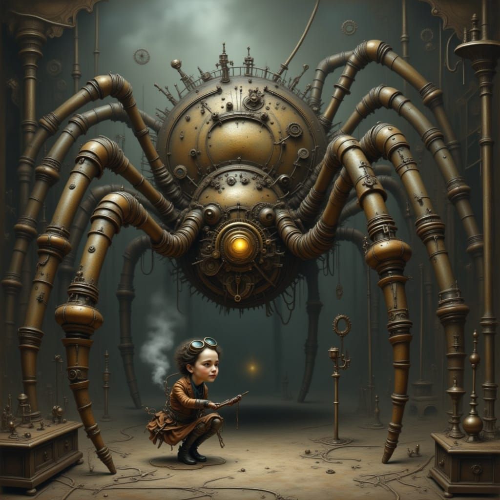 Steampunk Spider & Man in Victorian House Oil Painting