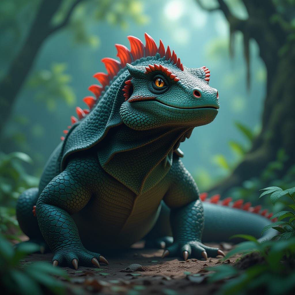 Komodo Dragon in Forest, Arcane Style Matte Painting