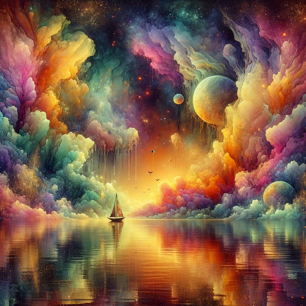 Sailboat on Mystic Lake at Neon Sunset: Alcohol Ink Art