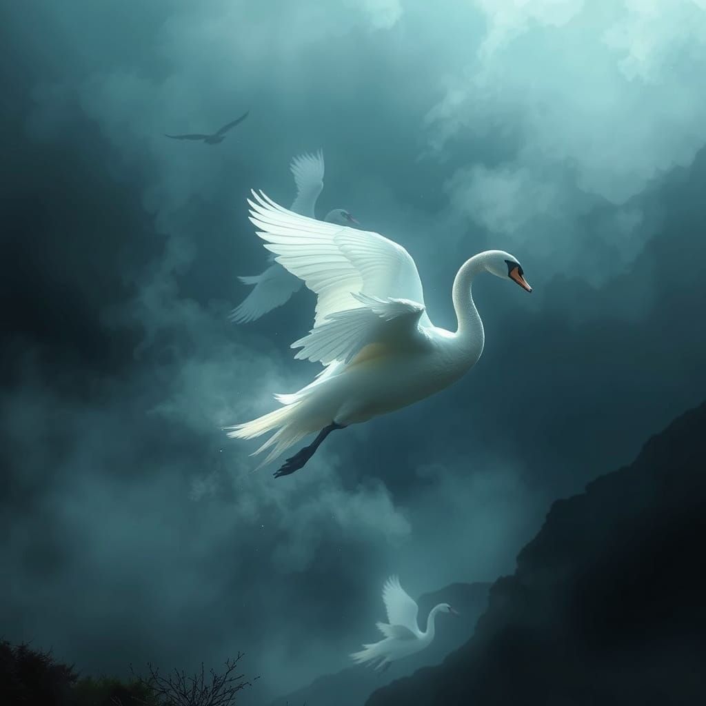 Ethereal Swan Maiden in Misty Valley