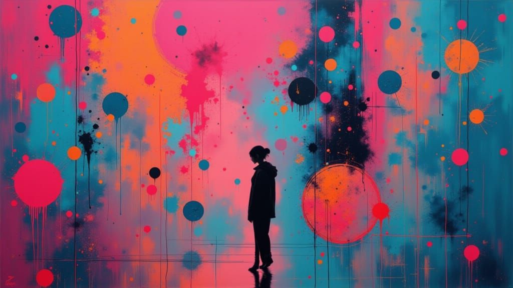 Confused Woman in Swirling Digital Dreamscape