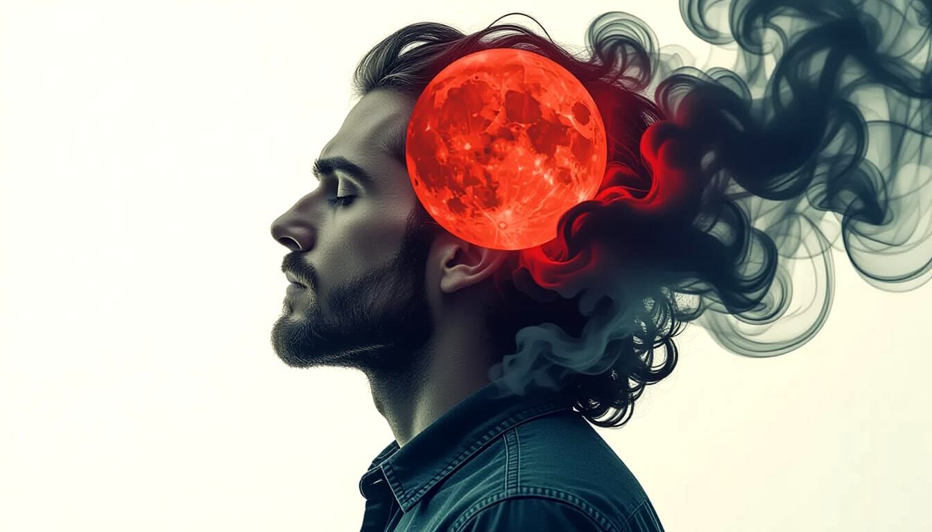 Dramatic Ink Art of Man with Red Moon
