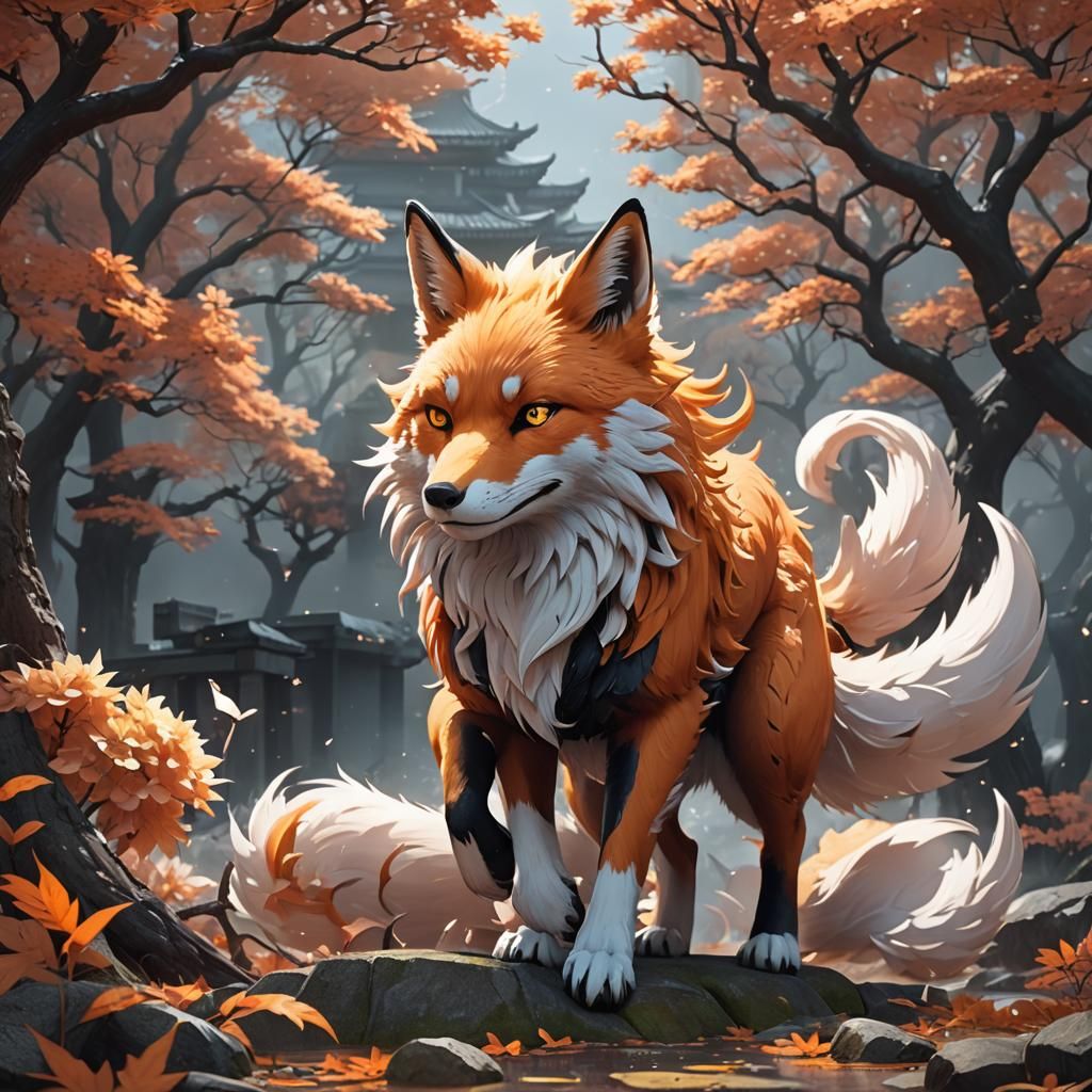 Detailed Six-Tailed Fox in 3D Anime Style