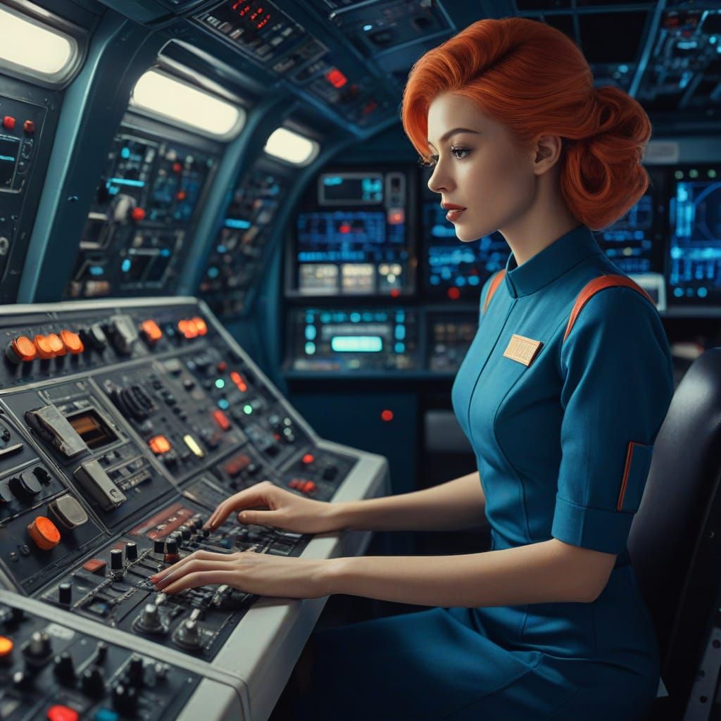 Retro Space Babe at Control Panel in Space
