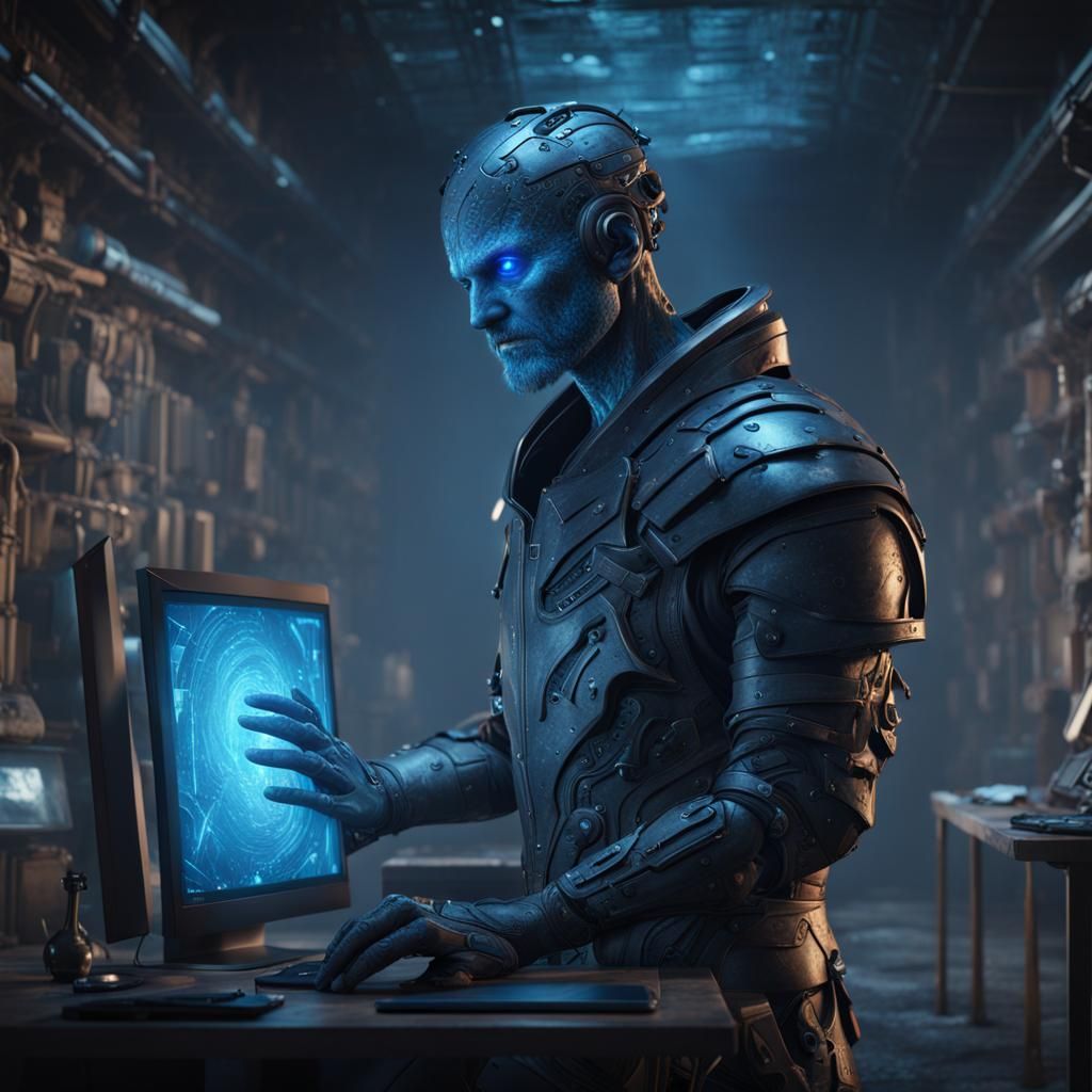 Surreal Man with Blue Screen Head: Fantasy Art