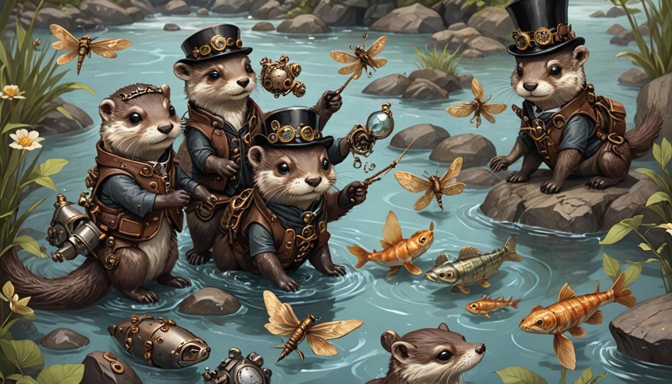 Steampunk Otters Play in River with Dragonflies