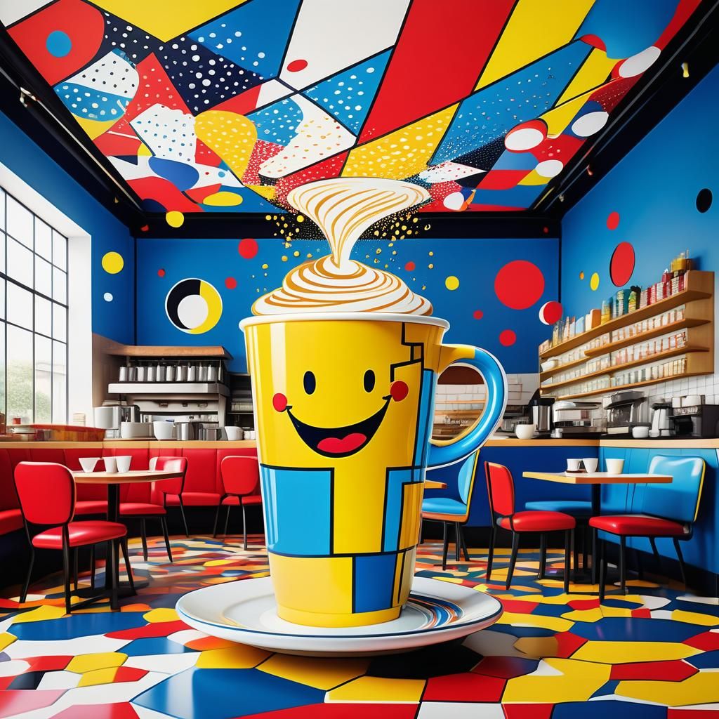 Laughing Coffee Cup in Geometric Pop Art Cafe