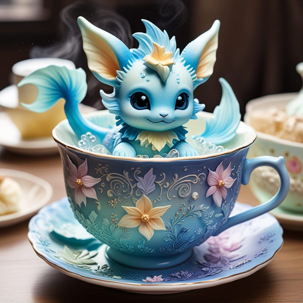 Vaporeon in Teacup: Whimsical Watercolor Fantasy