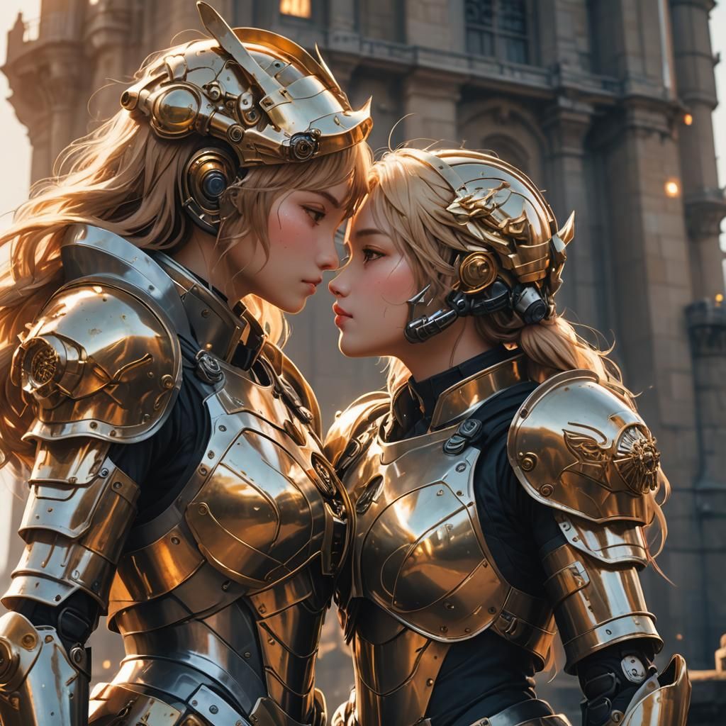 Girls Kissing in Power Armor: Anime-Style 3D Render