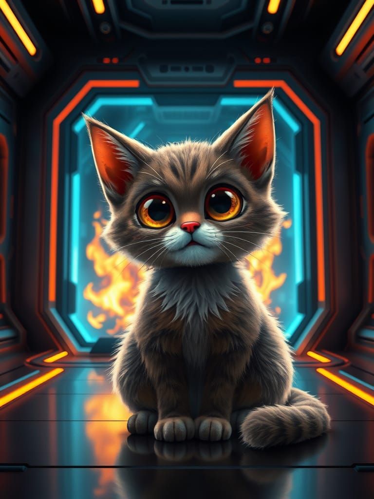 A painting in the style of Tom Fedro, of a Feline sitting in front of a holographic fireplace. Masterpiece award-winning...