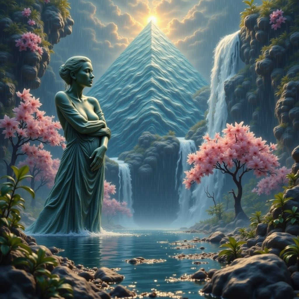 Colossal Water Pyramid Over Lake in Impressionistic Style