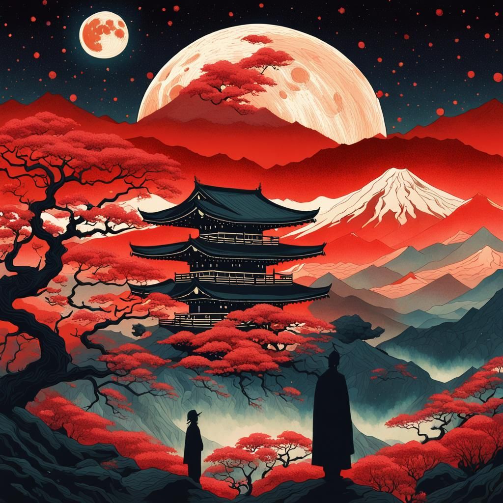 Blood Moon Over Mount Fuji: Surreal Collage Art