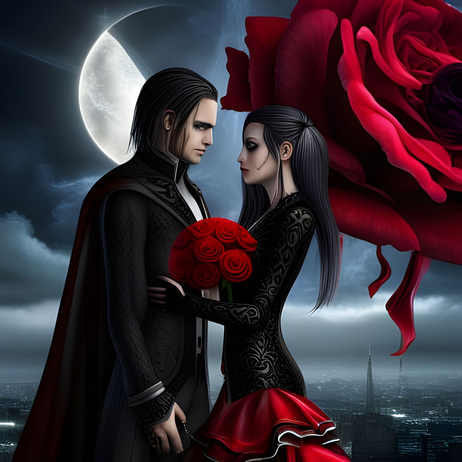 Gothic Lovers with Roses in Dark Fantasy Style
