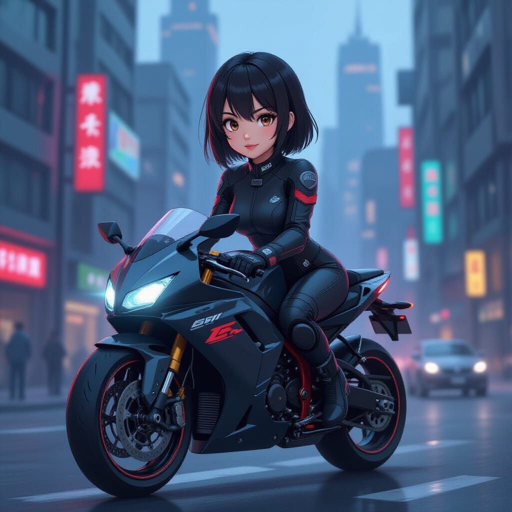 Anime Woman Riding Motorcycle in Cyberpunk City