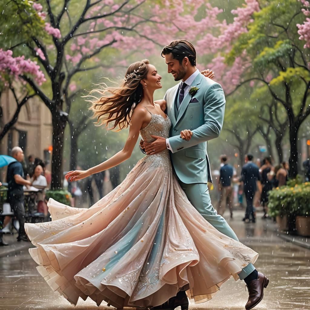 Romantic Couple Dancing in Rain, Digital Art