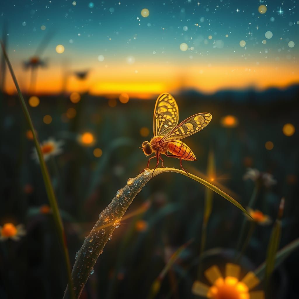 Macro photography of firefly on a blade of grass. Background...
