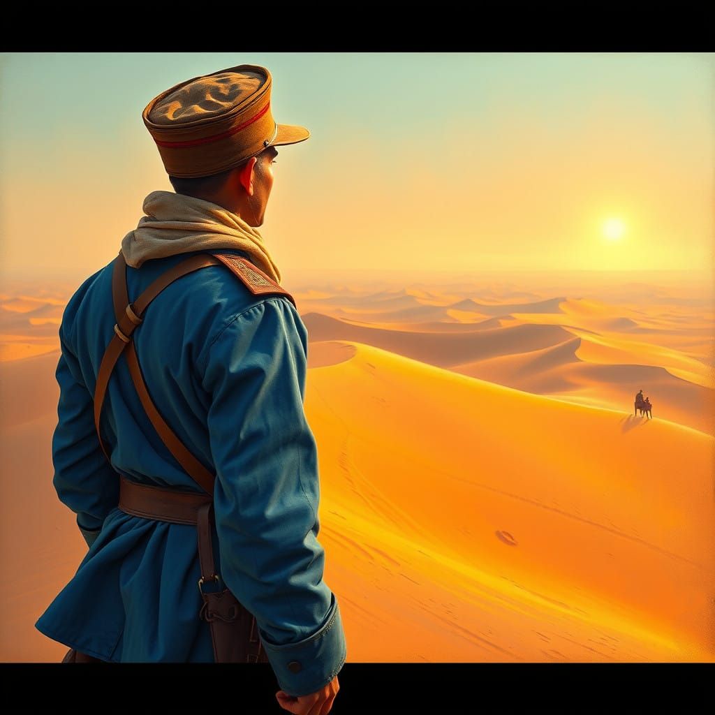 19th-Century Style Legionnaire Stands Vigilant in Saharan De...