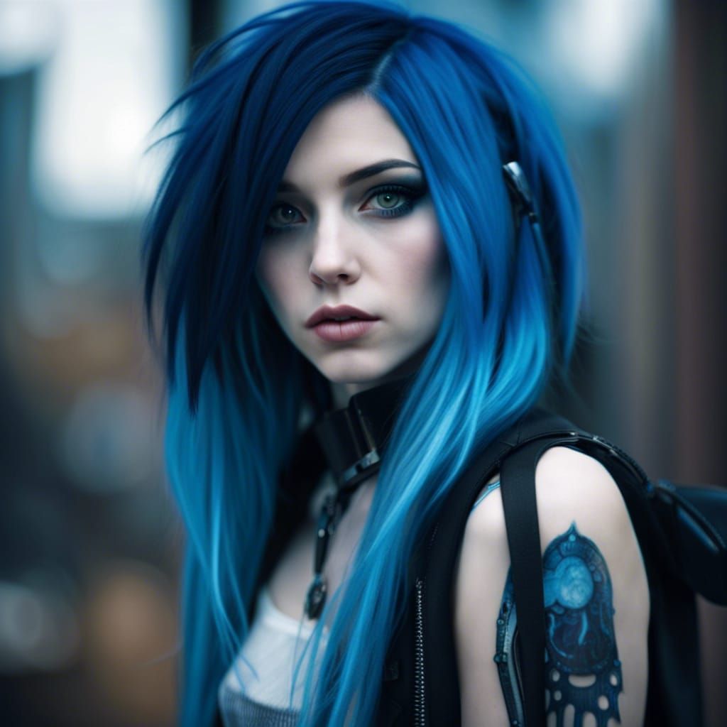 Enchanting Cyberpunk Girl with Blue Hair