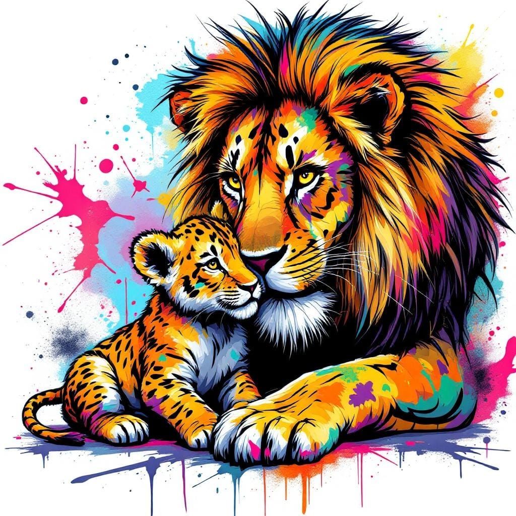 Lioness and Cubs Graffiti-Style Street Art