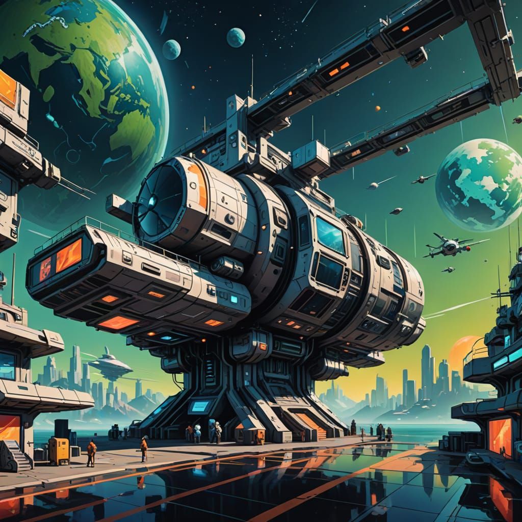 Futuristic Space Station Panorama Over a Bustling Starport